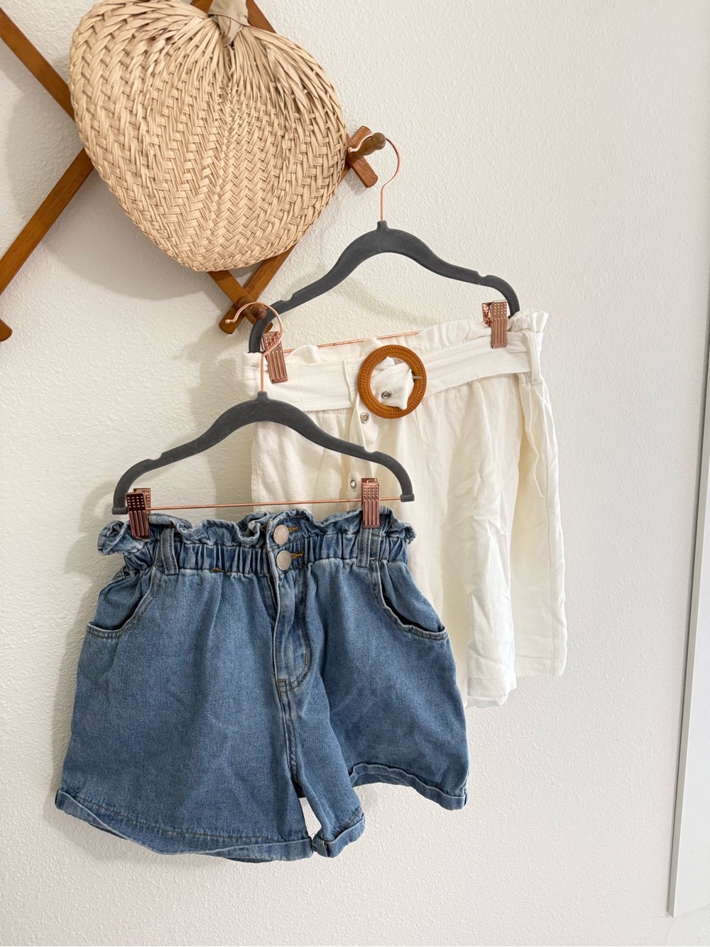 Paperbag Denim Shorts and White Linen shorts duo